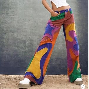 Free People Supernova Cord Groovy Patched Colorful Wide Leg Whimsical Jeans 25